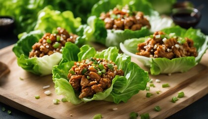 Vibrant Asian lettuce wraps, filled with a spicy mix of ground chicken, water chestnuts, and green