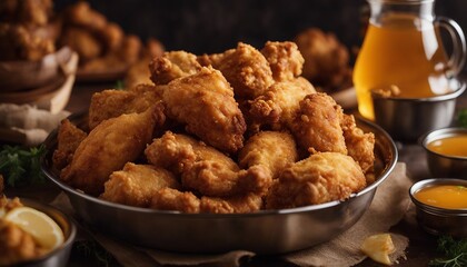 A bucket of fried chicken, each piece with a perfect golden crust, exuding comfort and indulgence.