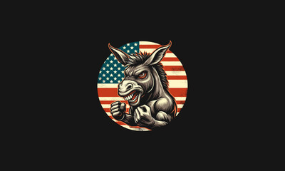 head donkey angry with flag american vector mascot design - obrazy, fototapety, plakaty
