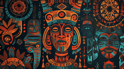 Abstract ancient african tribal elements pattern  with ethnic, Maya,Aztec ornaments decoration , with african tribal face isolated on dark background - obrazy, fototapety, plakaty