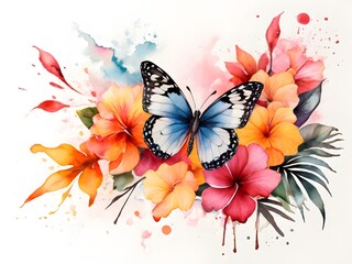 Watercolor painting of tropical flowers and butterflies in vibrant colors