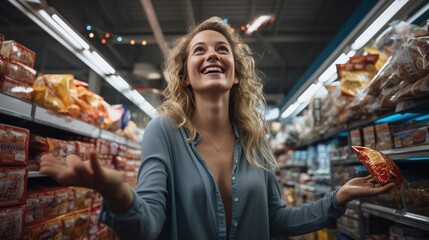Ecstatic woman celebrating in grocery store - obrazy, fototapety, plakaty