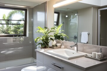 Bathroom interior with plants and a large mirror