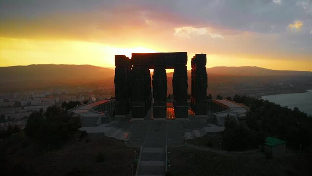 Aerial view of Monument History of Georgia, North of Tbilisi. Sunset, sunrise, overcast sky. summer time.
