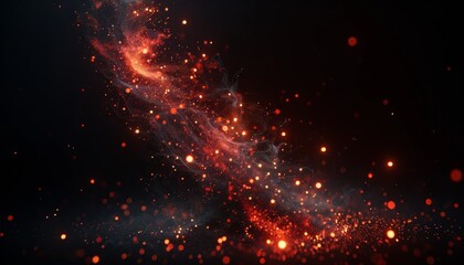 Fototapeta na wymiar Red-orange fire embers floating against a black background, depicting floating sparks and abstract glittering particles mimicking the luminous trails of burning cinders in darkness Generate Image