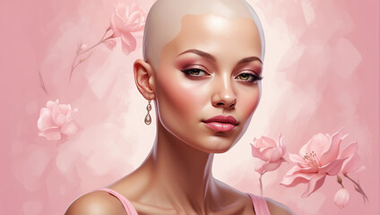 bald beautiful young woman on pink background, world cancer day concept. Generative Ai