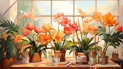 An Abundance of Flowers by the Window - obrazy, fototapety, plakaty