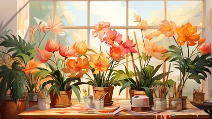 Fotobehang An Abundance of Flowers by the Window © duyina1990