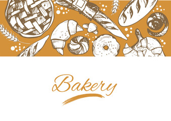 Bakery, isolated vector, rolls, pies, croissants,cakes, pastries. Sepia. Vector card design with ink hand drawn baking illustration. Vintage template with bread and pastries sketch.Bakery background. 