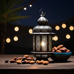The holy month of Muslims is Ramadan Karim, an Arabic lantern with a burning candle, dates and fruits.