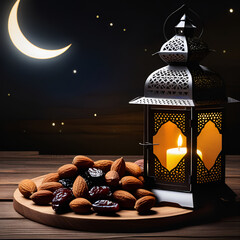 The holy month of Muslims is Ramadan Karim, an Arabic lantern with a burning candle, dates and fruits.