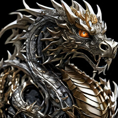 Dragon made of silver and gold on black background - abstract artwork