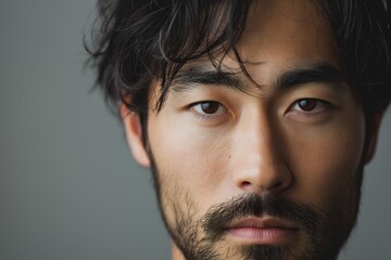 Obraz premium Portrait of young hadsome serious bearded Japanese man on the grey background with space for text