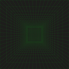3d wireframe grid room in perspective. Cyberspace with green laser beams or green mesh on a black background. Simple futuristic digital hallway space mockup, template interior square, virtual reality.