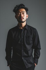 Fototapeta premium Young hadsome serious bearded Korean man wears black shirt and stands against grey background
