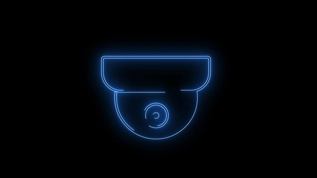 Video footage of glowing Dome camera neon icon. Looped Neon Lines abstract on black background. Futuristic laser background. Seamless loop. 4k video