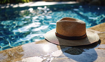 Elegant straw fedora hat resting on a poolside under the tranquil summer sun, symbolizing leisure, vacation, and the serene joy of a holiday retreat - obrazy, fototapety, plakaty