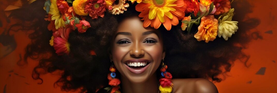 Portrait of beautiful african girl model with flowers in her hairs on orange background with copy space for text - Powered by Adobe