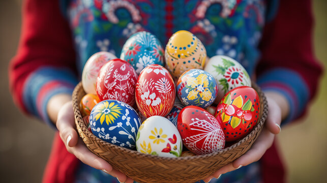 Easter eggs in a basket, Beautiful hand painted colorful Easter eggs in a basket close up, Close up of colorful Easter eggs in a basket in hands , Ai generated image