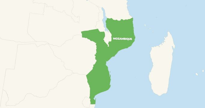 World Map Zoom In To Mozambique. Animation in 4K Video. Green Mozambique Territory On Blue and White World Map