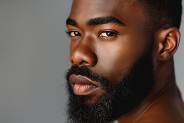 Profile portrait of young hadsome bearded African American man on grey background with copy space