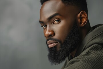 Profile portrait of young hadsome bearded African American man on grey background with copy space