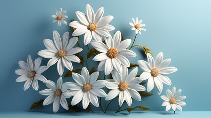 3d white daisy or chamomille flower with leaves