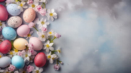 Fototapeta na wymiar Easter eggs and flowers, Colorful Easter eggs and flowers background. copy space middle on background, Close up of colorful Easter eggs in a basket, Ai generated image