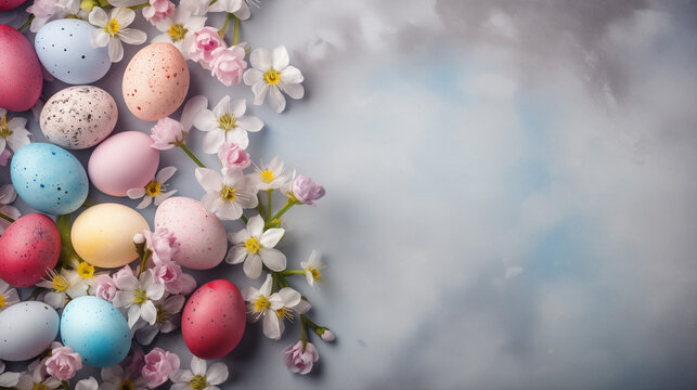 Easter eggs and flowers, Colorful Easter eggs and flowers background. copy space middle on background, Close up of colorful Easter eggs in a basket, Ai generated image