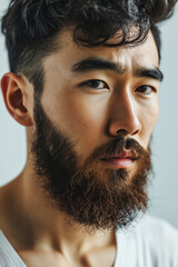 Close up portrait of young hadsome serious bearded Japanese man on the grey background