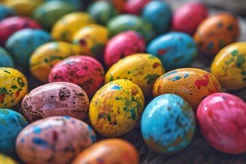 Fototapeta na wymiar Colorful easter eggs on rustic wooden background, close up