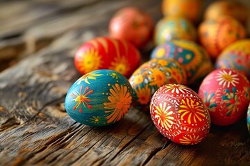 Fototapeta na wymiar Painted easter eggs on a wooden background. Happy Easter day. 