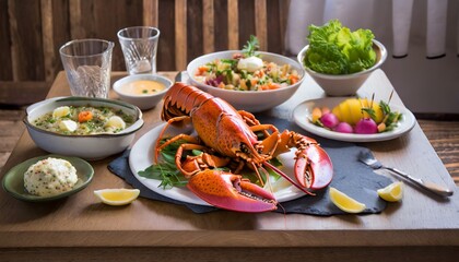 Lobster Prepared on a Table with Side Dishes