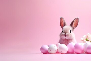 Obraz premium Cute little Easter bunny and Easter eggs with flower on pastel pink background with copy space. Happy Easter.