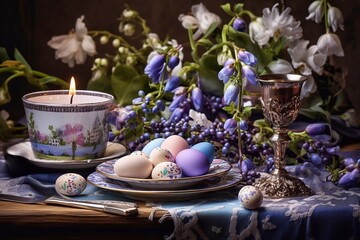 Easter table setting with Easter eggs in a plate, metal wine goblet, and candles and crocus flowers.