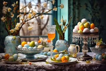 Easter table setting with painted eggs, dishes, glasses and spring flowers in a room by a window in a vintage style.
