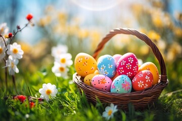Colorful Easter eggs in a wicker basket on the grass with spring flowers on a sunny day.