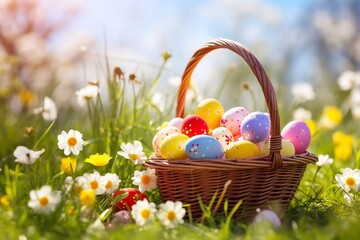 Basket with colorful Easter eggs and daisies on green grass on a sunny holiday day. Easter holiday concept.