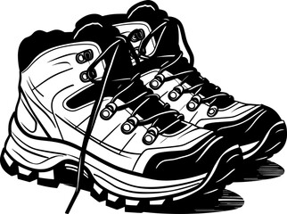 Illustration of hiking boots. Camping mountain shoes. Simple black silhouette graphic. Cartoon style. Vector illustration on white isolated background. AI generated illustration.
