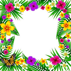 Fototapeta na wymiar Illustration decorative background frame with tropical flowers leaves and butterflies