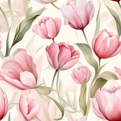 sweet classic pink tulip flower with leaves illustration seamless pattern - obrazy, fototapety, plakaty