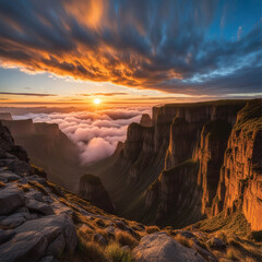 view of the sunrise in the middle of a high cliff, there are beautiful clouds