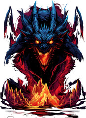 T-shirt design, fiery volcano and terrifying Dragon. transparent background