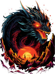 T-shirt design, fiery volcano and terrifying Dragon. transparent background
