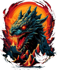 T-shirt design, fiery volcano and terrifying Dragon. transparent background