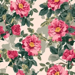 Fototapeten vintage pink rose with leaves watercolor seamless pattern © Wipada