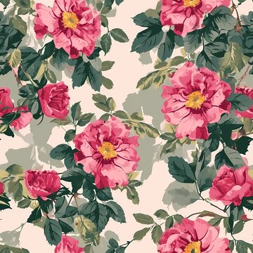 vintage pink rose with leaves watercolor seamless pattern