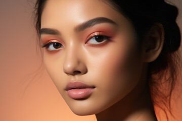Beauty fashion photoshoot peach eyeshadow with brown eyes Asia model studio lighting