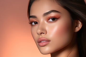 Fototapeta premium Beauty fashion photoshoot peach eyeshadow with brown eyes Asia model studio lighting