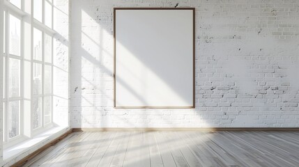 Obraz premium Empty white-coloured room with large brick wall, big frame on wall, maple floor